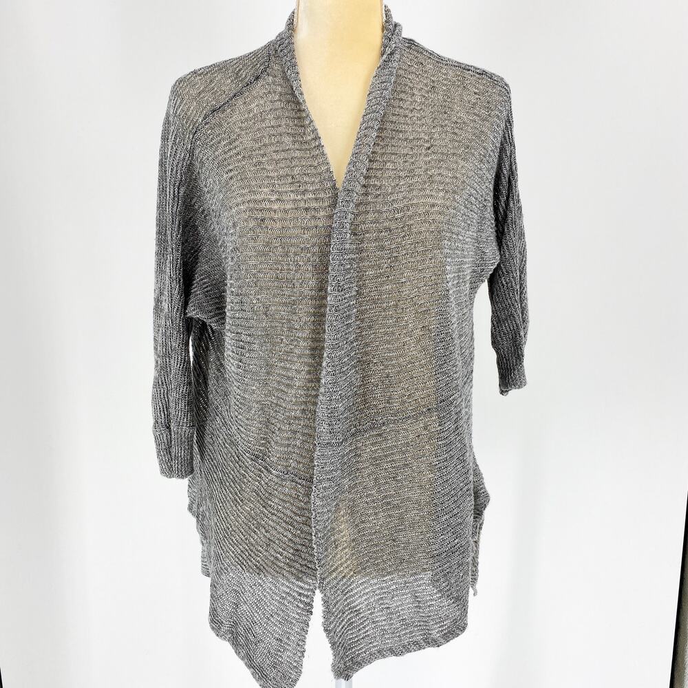 EILEEN FISHER Womens Cardigan Size PM Grey Open Knit 3/4 Sleeve Italian Yarn